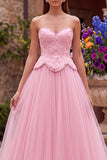 Pink A-Line Tulle Embroidery Beaded Strapless Long Prom Dress