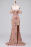 Blush Sheath Off the Shouder Corset Sequins Long Prom Dress with Slit