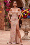Blush Sheath Off the Shouder Corset Sequins Long Prom Dress with Slit