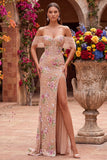 Blush Sheath Off the Shouder Corset Sequins Long Prom Dress with Slit