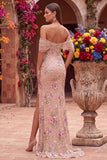 Blush Sheath Off the Shouder Corset Sequins Long Prom Dress with Slit