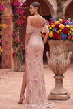 Blush Sheath Off the Shouder Corset Sequins Long Prom Dress with Slit