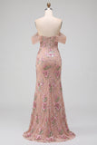 Blush Sheath Off the Shouder Corset Sequins Long Prom Dress with Slit