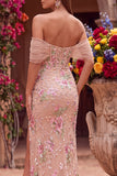 Blush Sheath Off the Shouder Corset Sequins Long Prom Dress with Slit