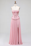 Pink Corset A-Line Floral Sequins Pleated Strapless Long Prom Dress with Side Slit