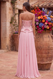 Pink Corset A-Line Floral Sequins Pleated Strapless Long Prom Dress with Side Slit
