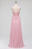 Pink Corset A-Line Floral Sequins Pleated Strapless Long Prom Dress with Side Slit