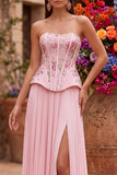 Pink Corset A-Line Floral Sequins Pleated Strapless Long Prom Dress with Side Slit