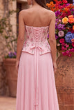 Pink Corset A-Line Floral Sequins Pleated Strapless Long Prom Dress with Side Slit