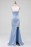 Blue Satin Mermaid Corset Pearls Strapless Ruched Long Prom Dress with Side Slit