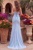 Blue Satin Mermaid Corset Pearls Strapless Ruched Long Prom Dress with Side Slit