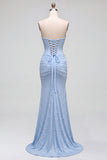 Blue Satin Mermaid Corset Pearls Strapless Ruched Long Prom Dress with Side Slit