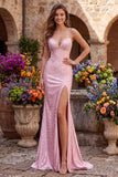Pink Mermaid Pearls Satin Spaghetti Straps Beaded Lace Up Back Prom Dress with Slit
