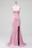 Pink Mermaid Pearls Satin Spaghetti Straps Beaded Lace Up Back Prom Dress with Slit