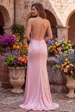 Pink Mermaid Pearls Satin Spaghetti Straps Beaded Lace Up Back Prom Dress with Slit