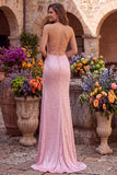 Pink Mermaid Pearls Satin Spaghetti Straps Beaded Lace Up Back Prom Dress with Slit
