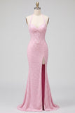 Pink Corset Halter Mermaid Pearls Satin Beaded Backless Long Prom Dress with Slit