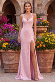 Pink Corset Halter Mermaid Pearls Satin Beaded Backless Long Prom Dress with Slit
