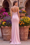 Pink Corset Halter Mermaid Pearls Satin Beaded Backless Long Prom Dress with Slit