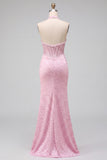 Pink Corset Halter Mermaid Pearls Satin Beaded Backless Long Prom Dress with Slit