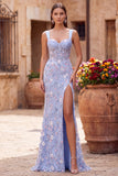 Blue Sheer Corset Embroidery Satin Mermaid Long Floral Prom Dress with Slit