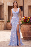 Blue Sheer Corset Embroidery Satin Mermaid Long Floral Prom Dress with Slit
