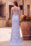 Blue Sheer Corset Embroidery Satin Mermaid Long Floral Prom Dress with Slit
