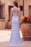 Blue Sheer Corset Embroidery Satin Mermaid Long Floral Prom Dress with Slit