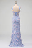 Blue Sheer Corset Embroidery Satin Mermaid Long Floral Prom Dress with Slit