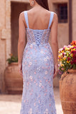 Blue Sheer Corset Embroidery Satin Mermaid Long Floral Prom Dress with Slit