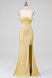 Off the Shoulder Yellow Mermaid Satin Pearls Beaded Cowl Corset Prom Dress with Slit