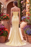 Off the Shoulder Yellow Mermaid Satin Pearls Beaded Cowl Corset Prom Dress with Slit