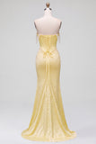 Off the Shoulder Yellow Mermaid Satin Pearls Beaded Cowl Corset Prom Dress with Slit