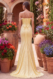 Off the Shoulder Yellow Mermaid Satin Pearls Beaded Cowl Corset Prom Dress with Slit