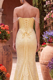Off the Shoulder Yellow Mermaid Satin Pearls Beaded Cowl Corset Prom Dress with Slit