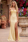 Off the Shoulder Yellow Mermaid Satin Pearls Beaded Cowl Corset Prom Dress with Slit