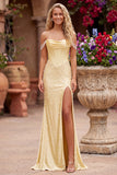 Off the Shoulder Yellow Mermaid Satin Pearls Beaded Cowl Corset Prom Dress with Slit