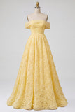 Off the Shoulder A-Line Strapless Floral Embroidery Pearl Tulle Yellow Prom Dress