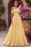Off the Shoulder A-Line Strapless Floral Embroidery Pearl Tulle Yellow Prom Dress
