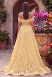 Off the Shoulder A-Line Strapless Floral Embroidery Pearl Tulle Yellow Prom Dress