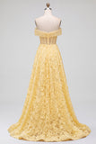 Off the Shoulder A-Line Strapless Floral Embroidery Pearl Tulle Yellow Prom Dress
