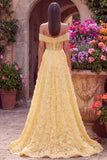 Off the Shoulder A-Line Strapless Floral Embroidery Pearl Tulle Yellow Prom Dress