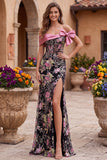 Black Pink Flower Corset Off the Shoulder Sequins Mermaid Long Prom Dress with Bow
