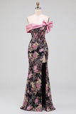 Black Pink Flower Corset Off the Shoulder Sequins Mermaid Long Prom Dress with Bow
