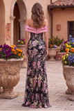 Black Pink Flower Corset Off the Shoulder Sequins Mermaid Long Prom Dress with Bow