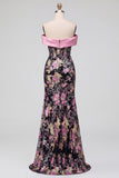 Black Pink Flower Corset Off the Shoulder Sequins Mermaid Long Prom Dress with Bow