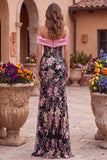 Black Pink Flower Corset Off the Shoulder Sequins Mermaid Long Prom Dress with Bow