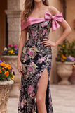 Black Pink Flower Corset Off the Shoulder Sequins Mermaid Long Prom Dress with Bow
