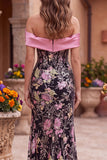 Black Pink Flower Corset Off the Shoulder Sequins Mermaid Long Prom Dress with Bow