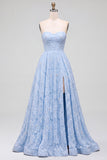 Blue A-Line Floral Beaded Strapless Long Prom Dress with Slit